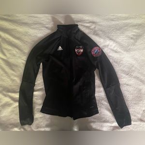 Adidias black zipper sweatshirt with soccer decals attached